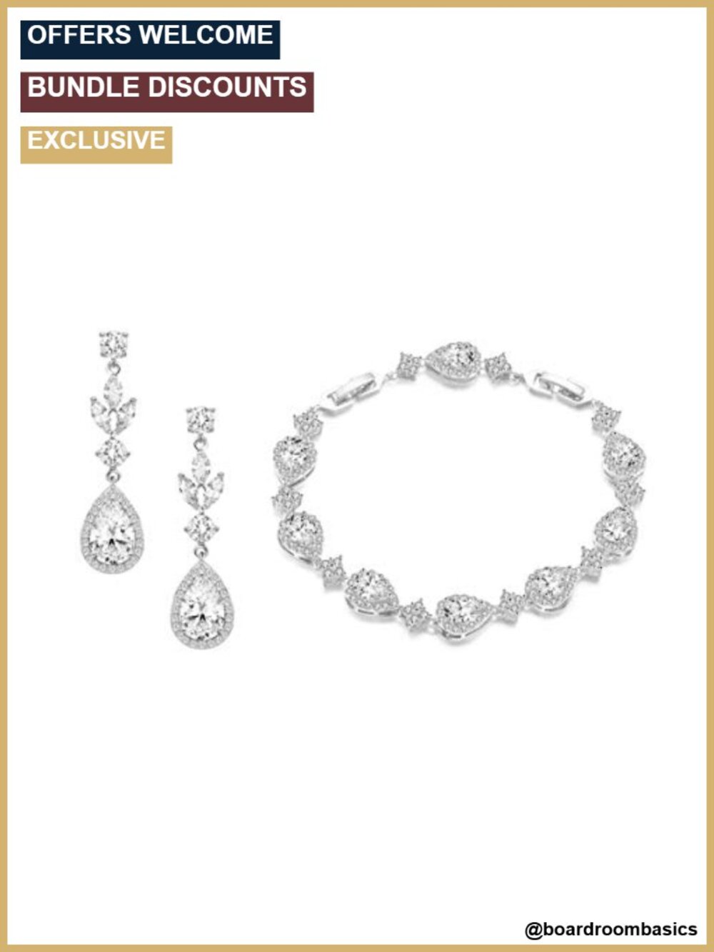 Gold Plated Teardrop Earrings Bracelet Set Cubic Zirconia Bridal Jewelry